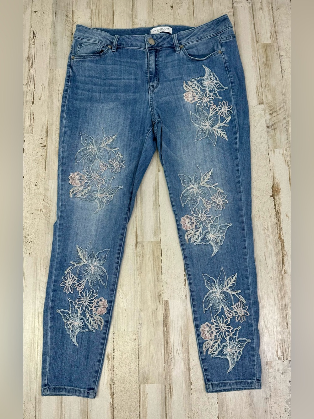 Lane Bryant Womens 14 Skinny Leg Jeans Blue Wash High Rise Flower Pattern - Picture 1 of 11